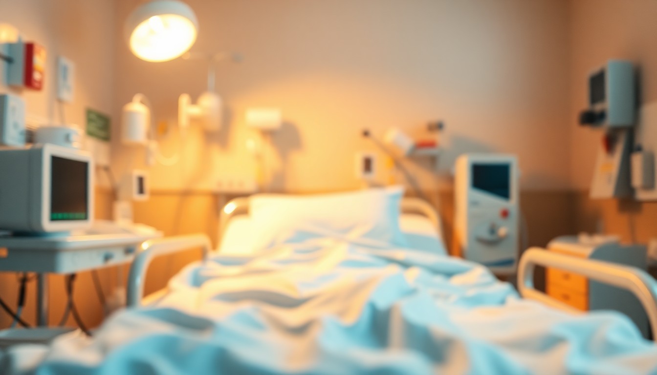 An extremely abstracted, out-of-focus photograph of a hospital bed surrounded by blurred medical equipment, bathed in a warm, golden glow, conceptually representing the care and community support needed for Soundara's recovery.