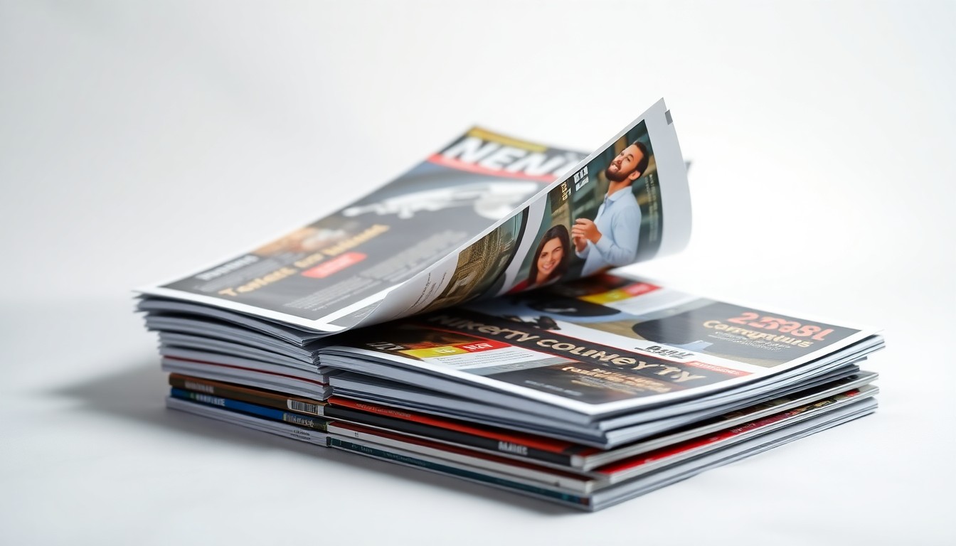 A high-end, photorealistic studio still-life photograph featuring a stack of glossy, premium-quality direct mail magazines in various colors, arranged elegantly on a clean, white seamless background, using dramatic lighting and shadows to symbolize the power of targeted, community-focused marketing.