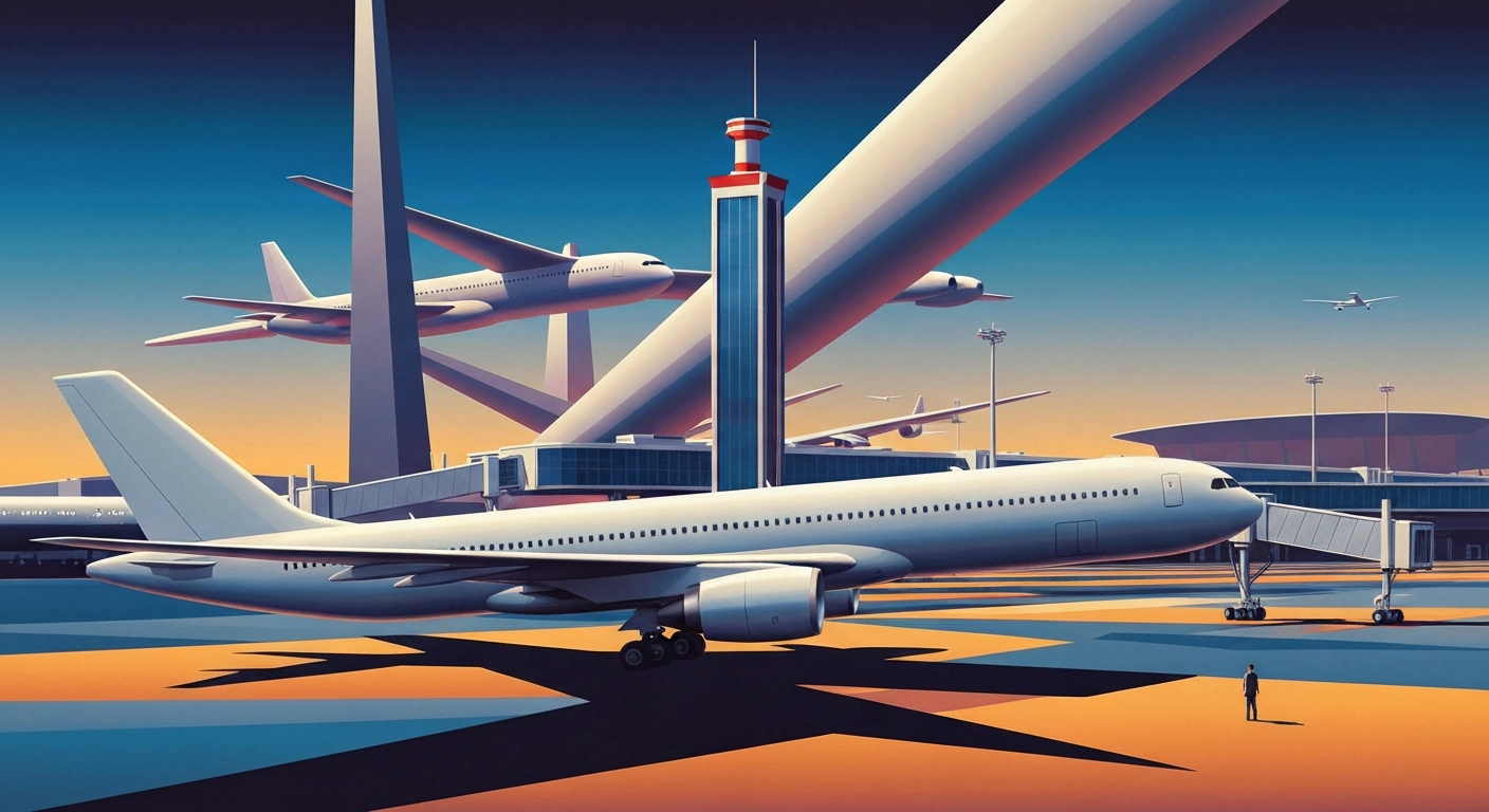 A bold, geometric composition in shades of blue and grey, featuring the sweeping, forced perspective of an airport terminal or airplane, capturing the grand scale and romance of international travel without any literal depictions of people or text.