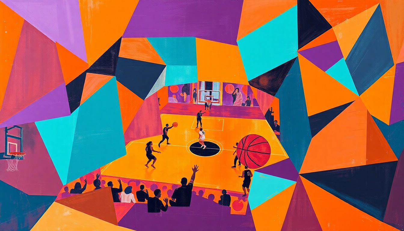 A cubist, geometric painting depicting a fragmented basketball court scene, with overlapping shapes and planes in vibrant colors representing the energy and intensity of the game.