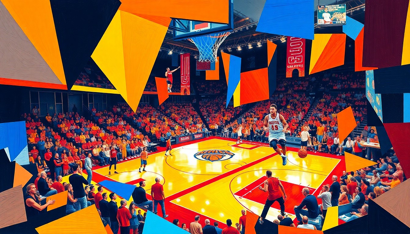 A cubist, geometric painting featuring overlapping planes of orange, blue, red, and yellow, representing the intense action and competition of a Knicks vs Hawks basketball game.