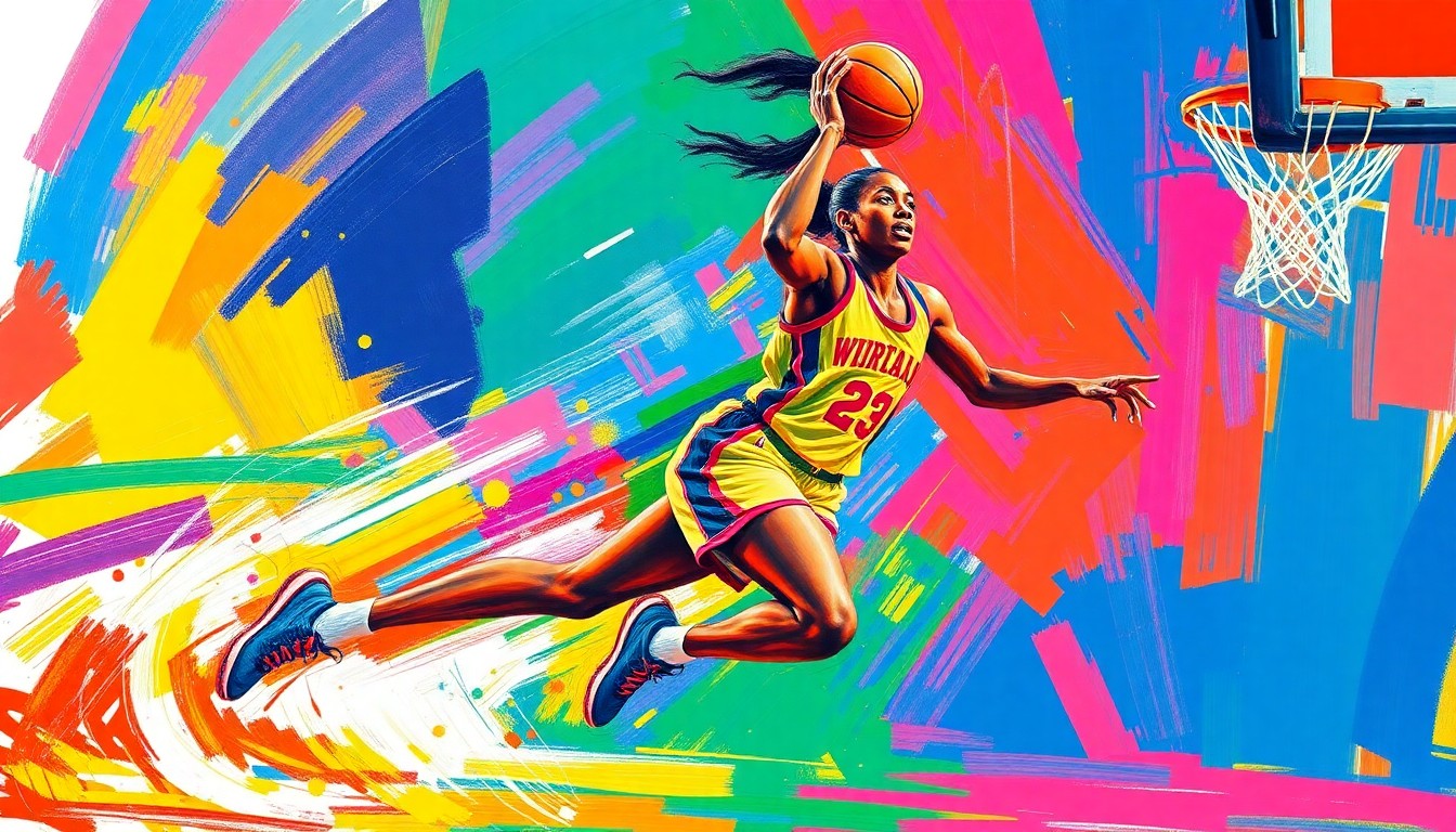 An abstract, expressionist painting in neon colors depicting the dynamic movement and energy of a WNBA player driving to the hoop, conceptually representing the excitement and potential impact of Chennedy Carter's signing with the Las Vegas Aces.