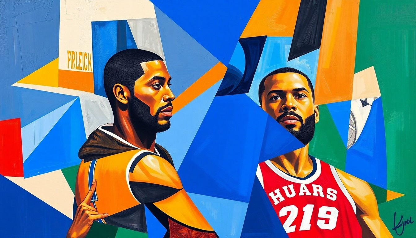 A cubist-style painting depicting a basketball game between the Orlando Magic and Philadelphia 76ers, with the players' forms broken down into abstract geometric shapes and planes of vibrant colors.