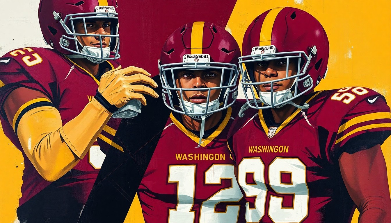 A cubist, geometric painting depicting the new Washington Commanders uniforms, with sharp planes of burgundy, gold, and black colors overlapping to create a fragmented, multi-perspective visual representation of the team's iconic look.