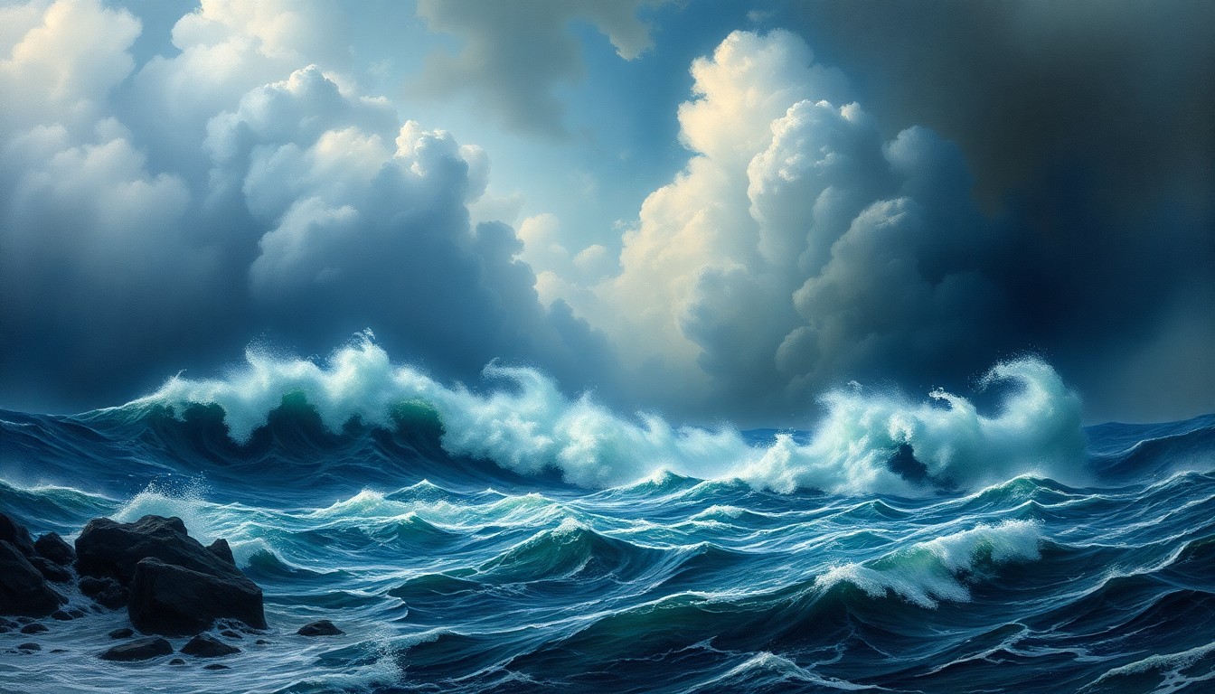 A sweeping, atmospheric seascape painting in muted blues and grays, with powerful waves crashing against the shore and obscuring any human presence, conveying the overwhelming scale and force of nature.
