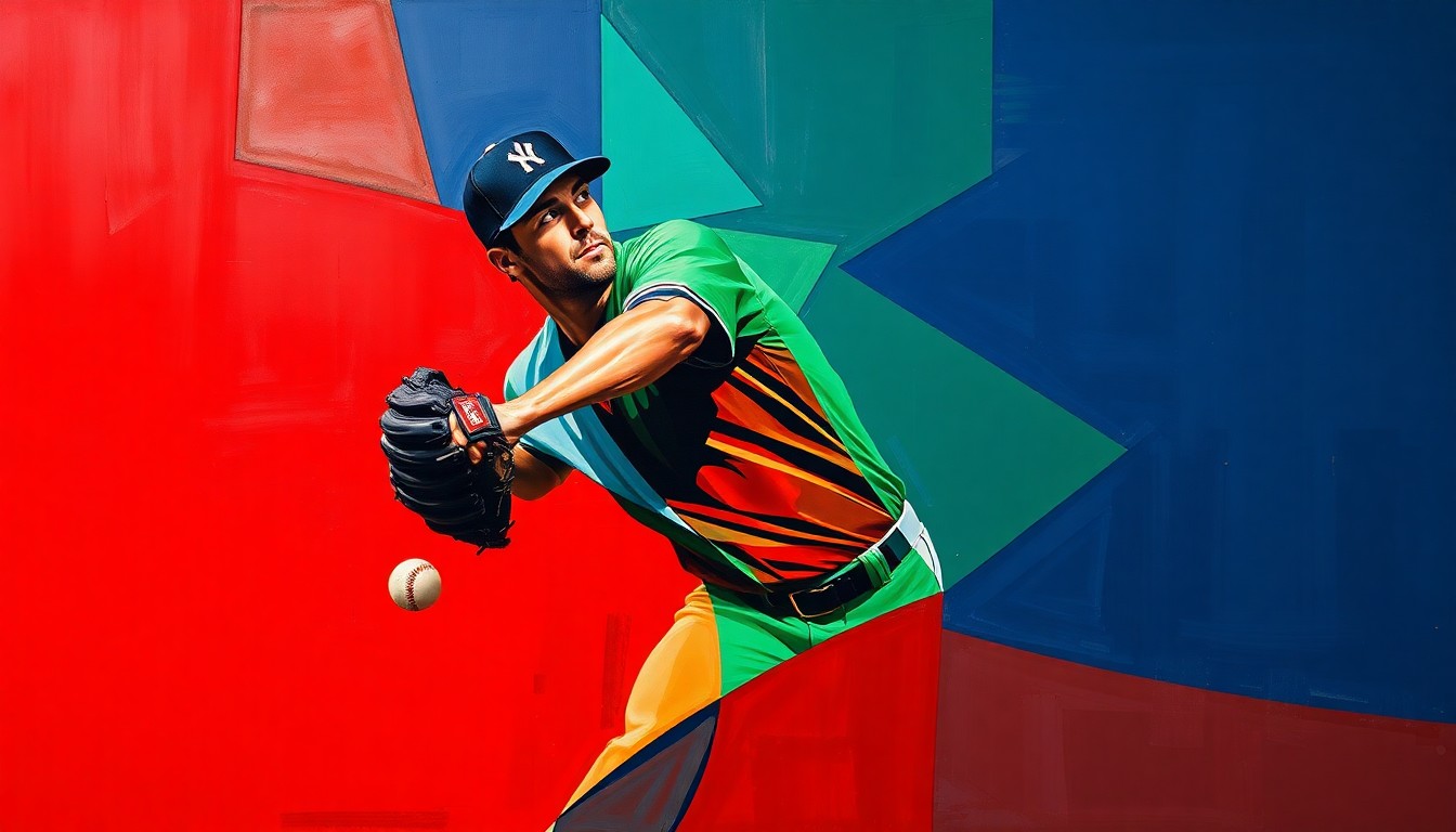 A fragmented, cubist-style painting depicting a baseball pitcher's windup and delivery broken down into sharp, overlapping geometric shapes and planes in a vibrant color palette, conceptually representing the Marlins' unconventional pitch-calling approach.
