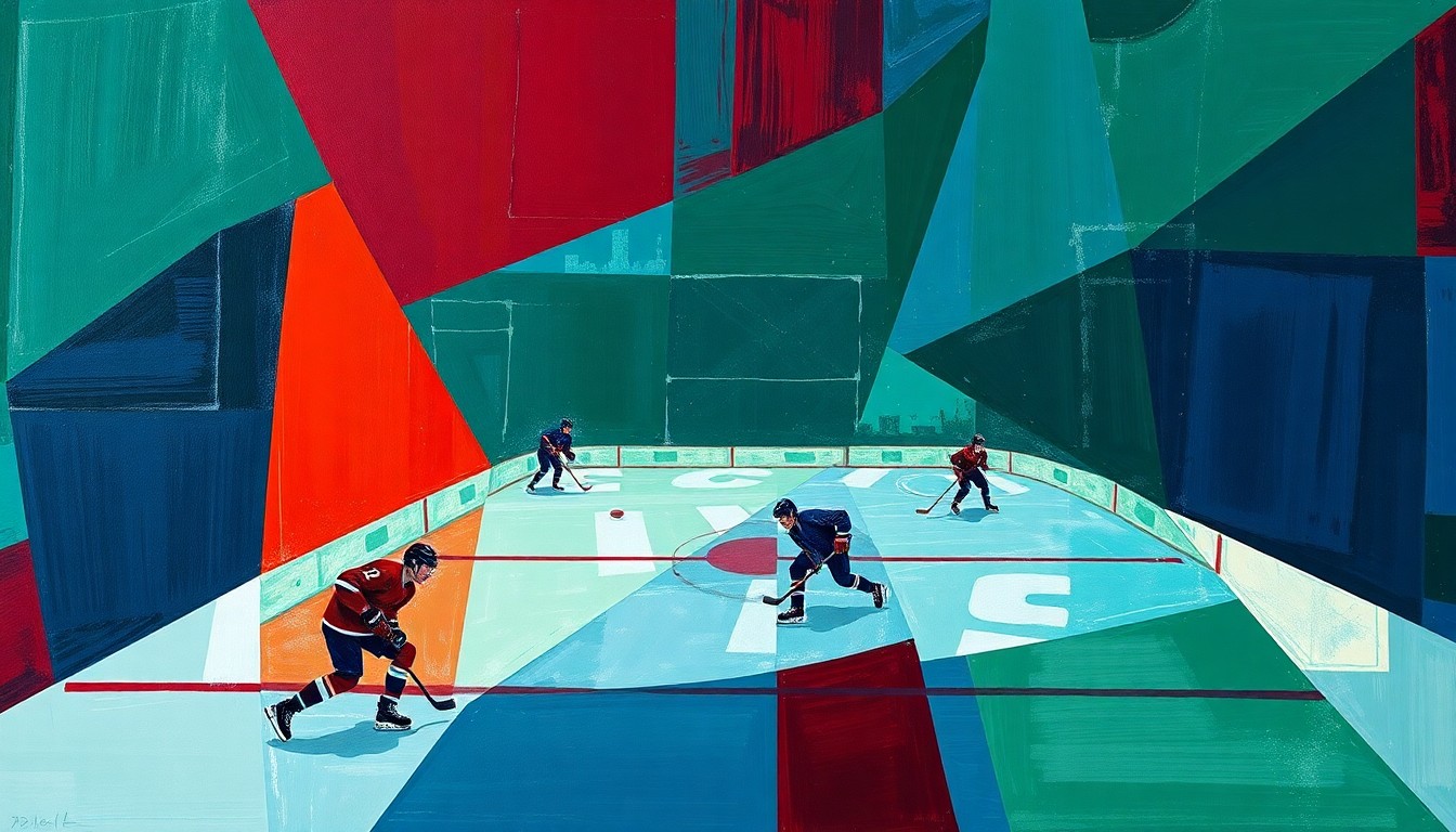 A fractured, geometric painting depicting a hockey game broken down into sharp, overlapping planes of navy, green, and red, conveying the chaotic nature of the Blue Jackets' late-season struggles.