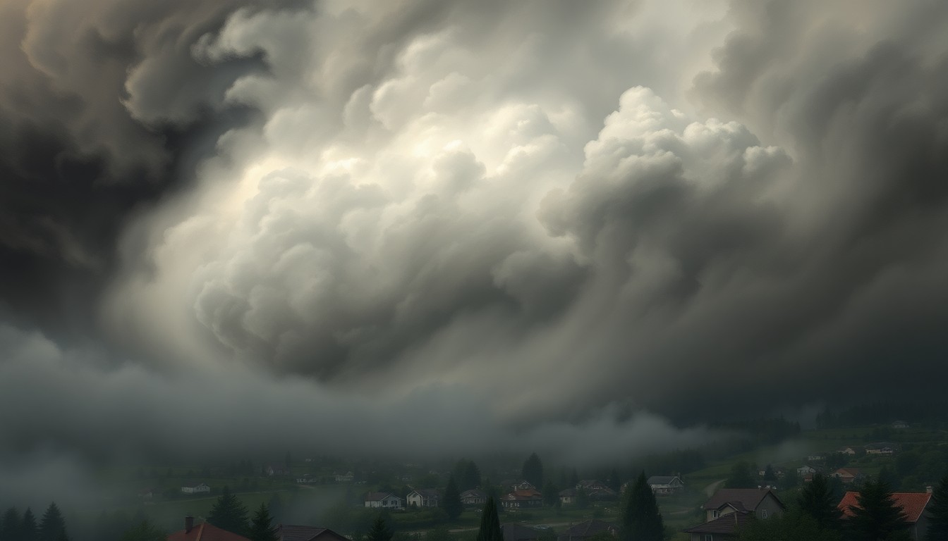 A sweeping, moody landscape painting in muted tones of gray, blue, and white, with a massive, swirling vortex of clouds and fog obscuring the details of a suburban neighborhood below, conveying the sublime scale and unpredictable nature of extreme weather events.