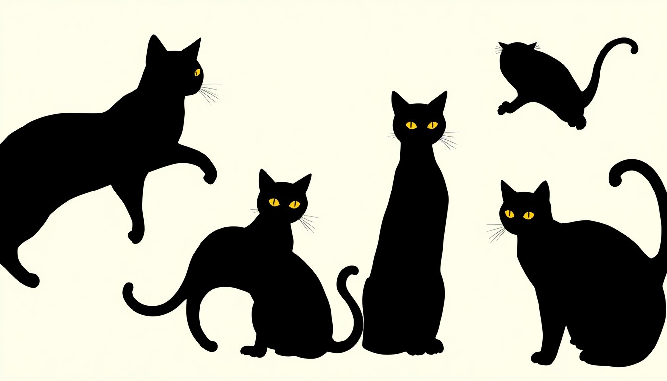 A striking abstract illustration featuring bold black silhouettes and high-contrast solid colors, conceptually representing the return of the iconic 'Cats' musical to the Broadway stage.