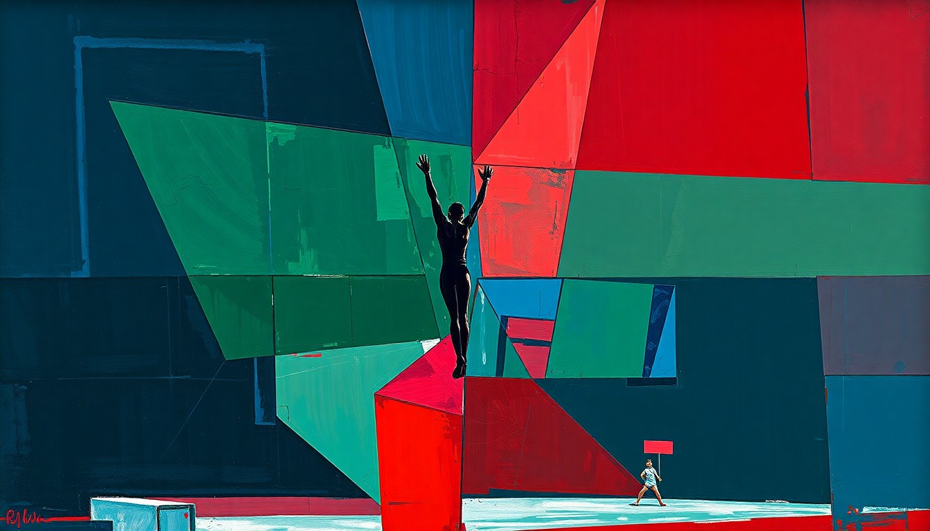 A cubist, geometric painting depicting a fragmented gymnastics competition, with overlapping planes of navy, green, and red conveying the dynamic movements and energy of the sport.