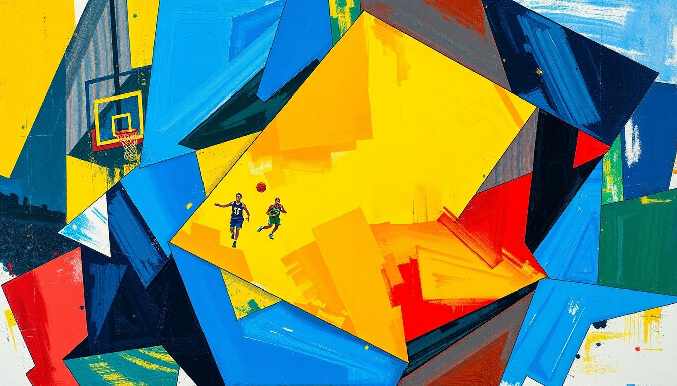 A cubist-style painting featuring overlapping geometric shapes and planes in a vibrant color palette, capturing the dynamic energy and competitive spirit of a basketball game or match.
