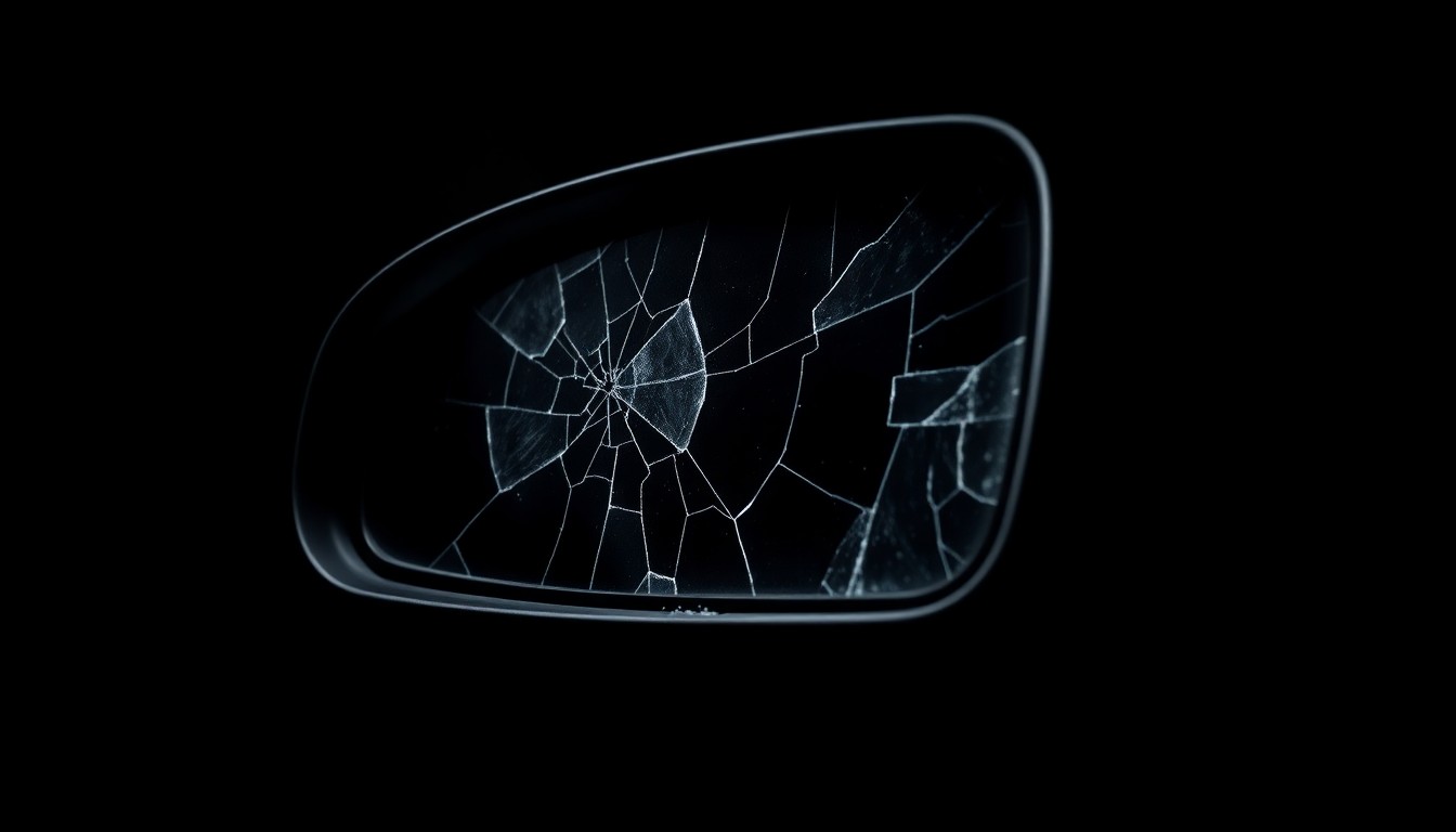 An extreme close-up photograph of a cracked and damaged car side mirror, capturing the harsh, gritty texture and dramatic lighting to convey the serious aftermath of a highway collision.