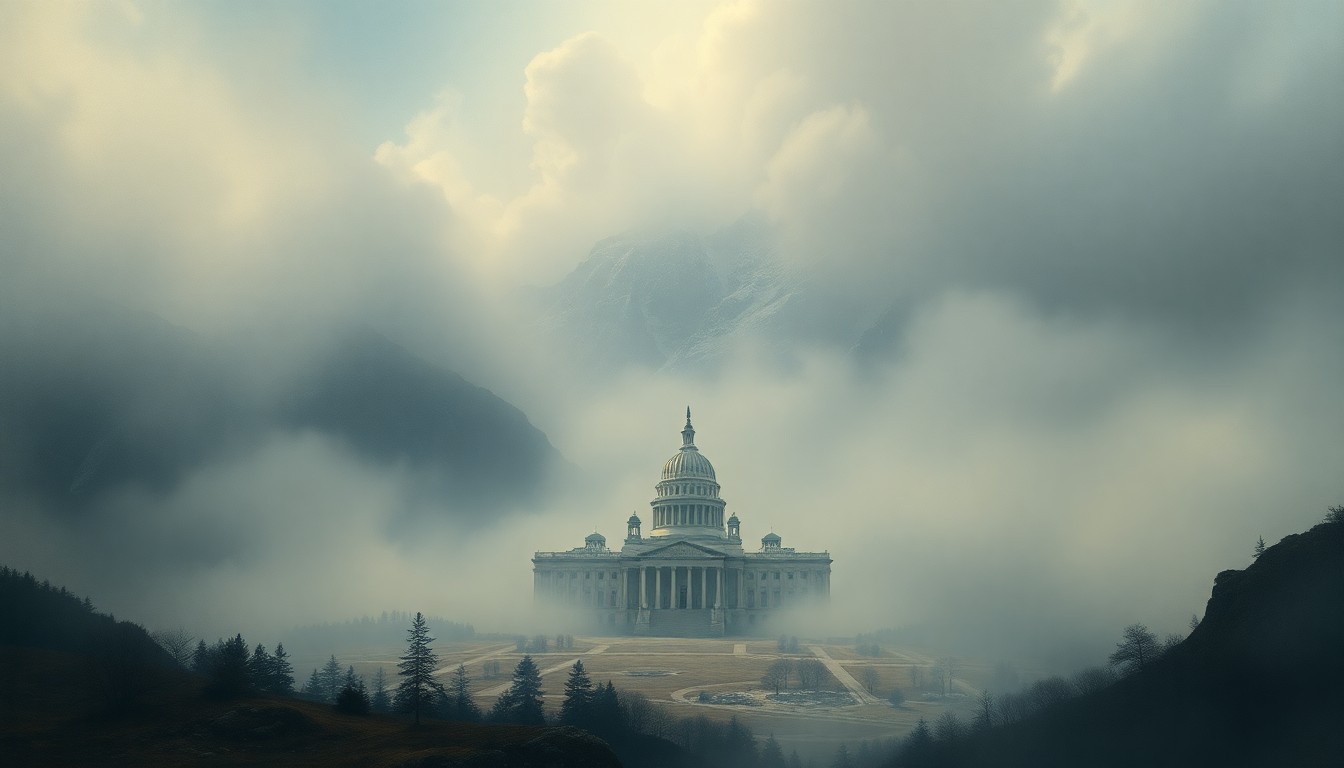 A vast, atmospheric landscape painting in muted tones, with a government building barely visible through the heavy fog, conveying a sense of the fragility of human infrastructure in the face of natural forces.
