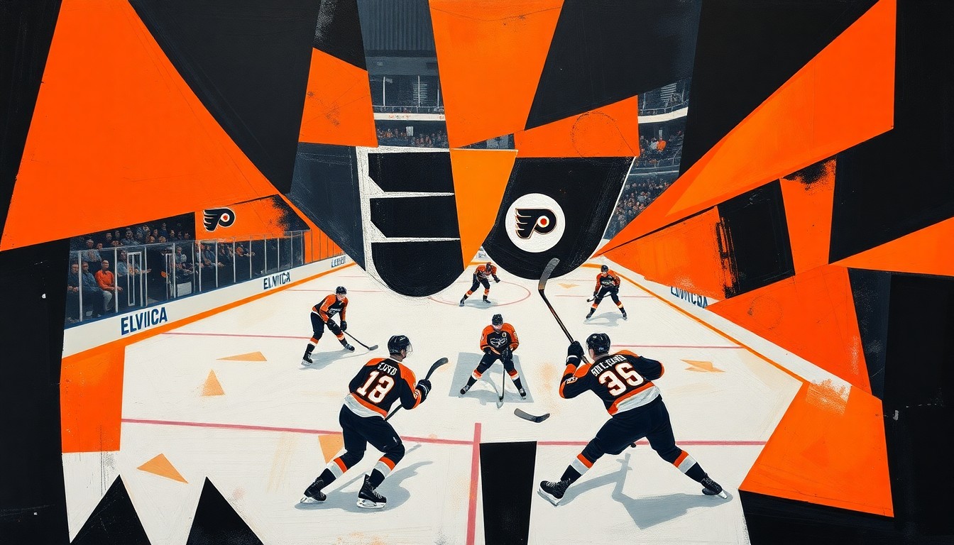 A fragmented, cubist-style painting depicting a Flyers hockey game, with the players and arena broken down into sharp, angular geometric shapes in the team's signature orange and black colors.