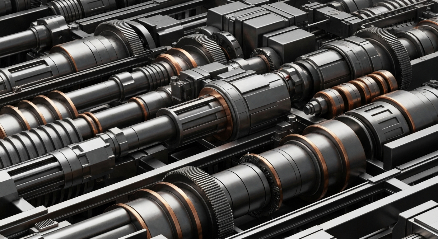 An extreme close-up of the intricate gears, valves, and mechanisms of an industrial machine, conveying the complex financial and operational forces impacting a major manufacturer.