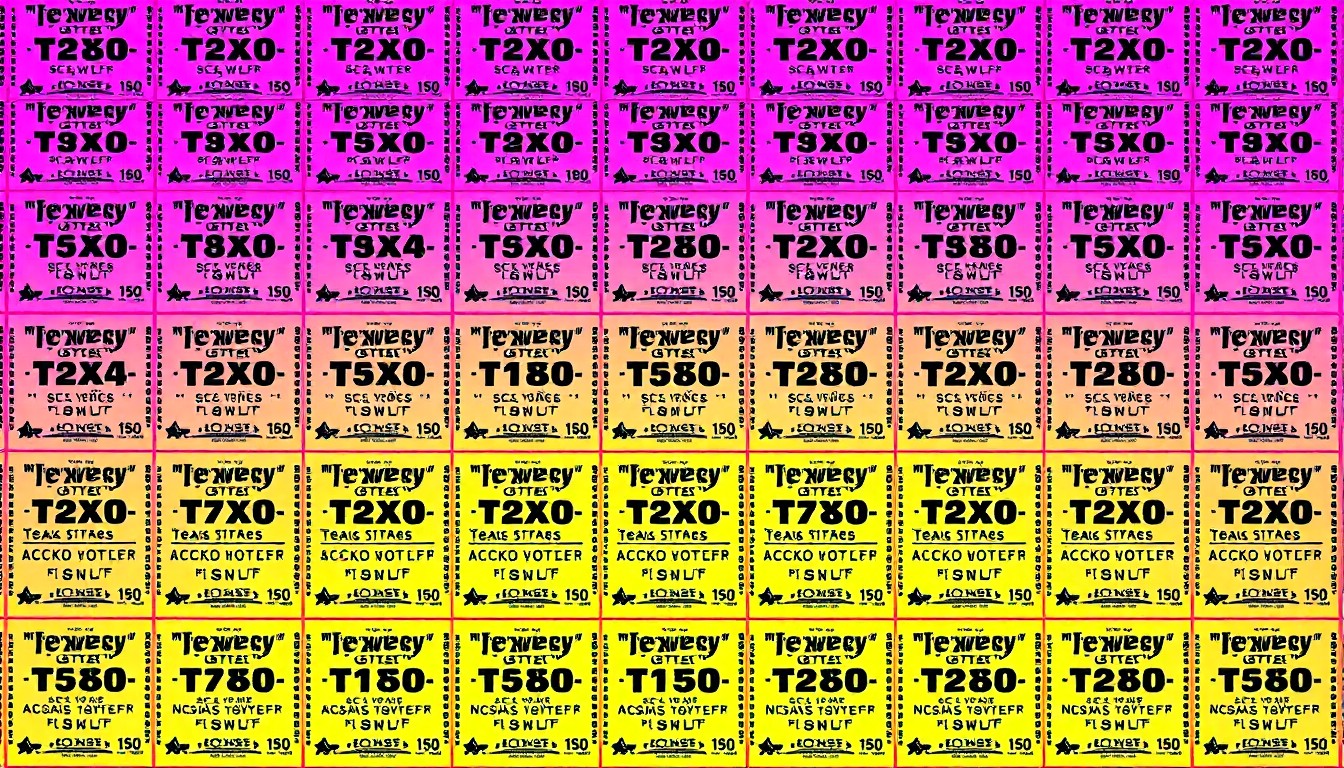 A high-contrast, silkscreen-style illustration featuring a single Texas Lottery scratch-off ticket repeated in a grid pattern, rendered in a vibrant neon color palette with heavy black outlines, conceptually representing the excitement and surprise of a life-changing lottery jackpot.