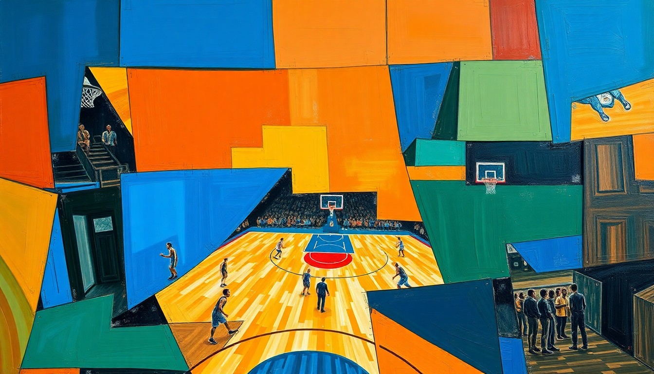 A cubist, geometric painting depicting the fragmented movements and perspectives of a basketball game, using bold colors like blue, orange, and green to capture the dynamic energy of the sport.