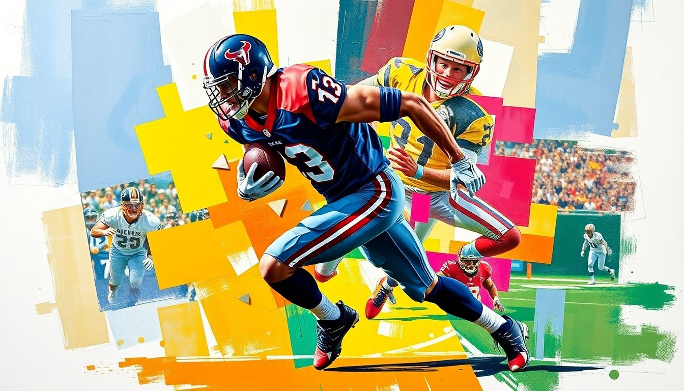 A cubist, geometric painting depicting a football player in mid-stride, with sharp, overlapping planes of color representing the player's movement and the teams' uniforms.
