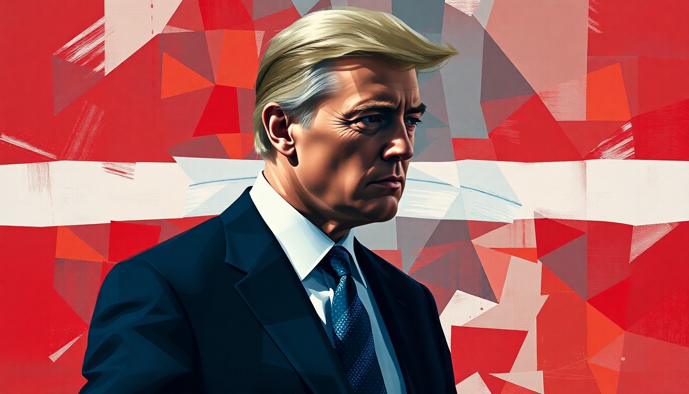 A fractured, abstract painting in red, white, and blue tones depicting an overlapping, blurred figure of a man in a suit, representing the chaotic and divisive nature of political discourse around religion and faith.