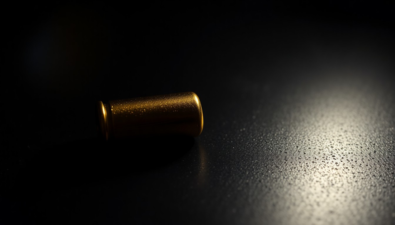 An extreme close-up photograph of a single bullet casing on a dark surface, lit by a harsh, direct camera flash, conceptually illustrating the aftermath of a deadly shooting.