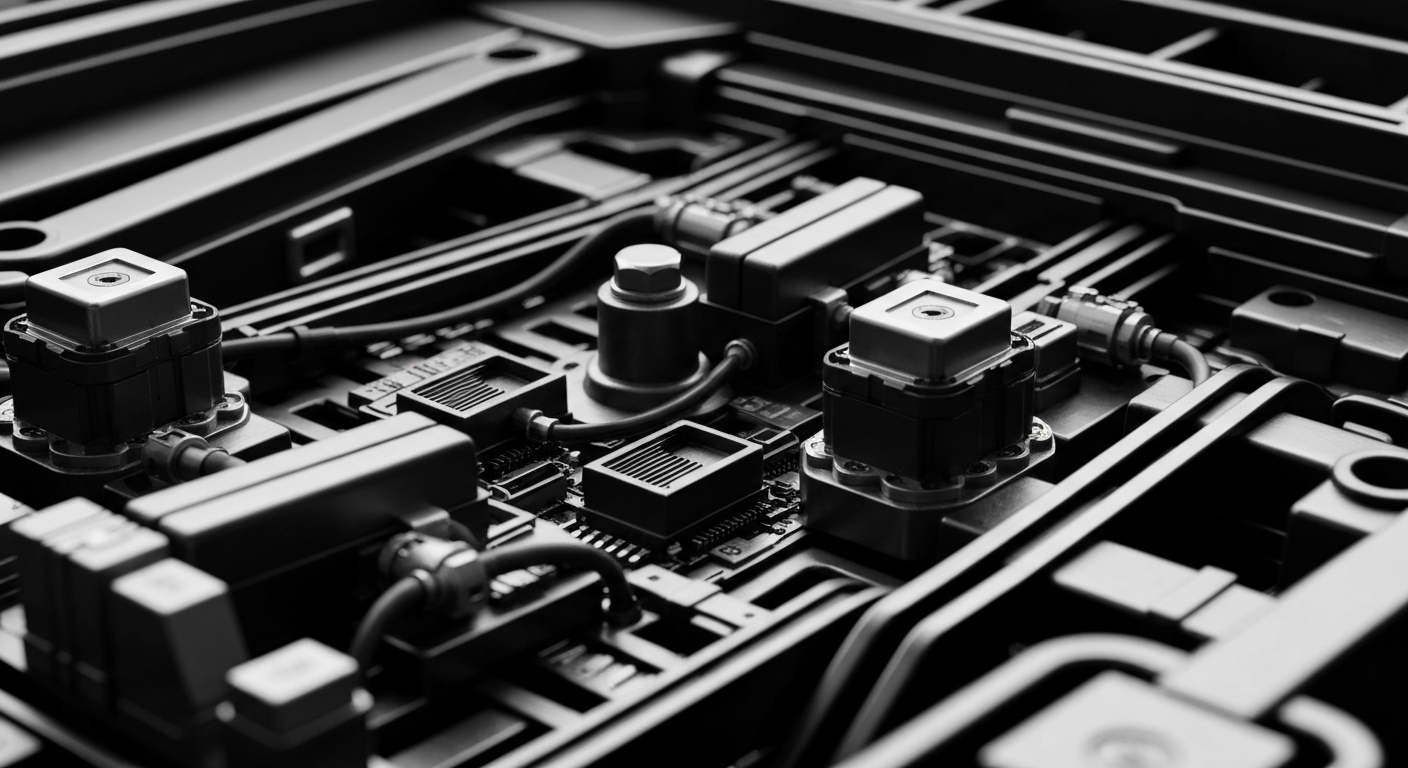 A high-contrast, close-up image of the mechanical components and sensors that make up an autonomous driving system, conveying the technical complexity and engineering challenges involved in developing self-driving vehicles.