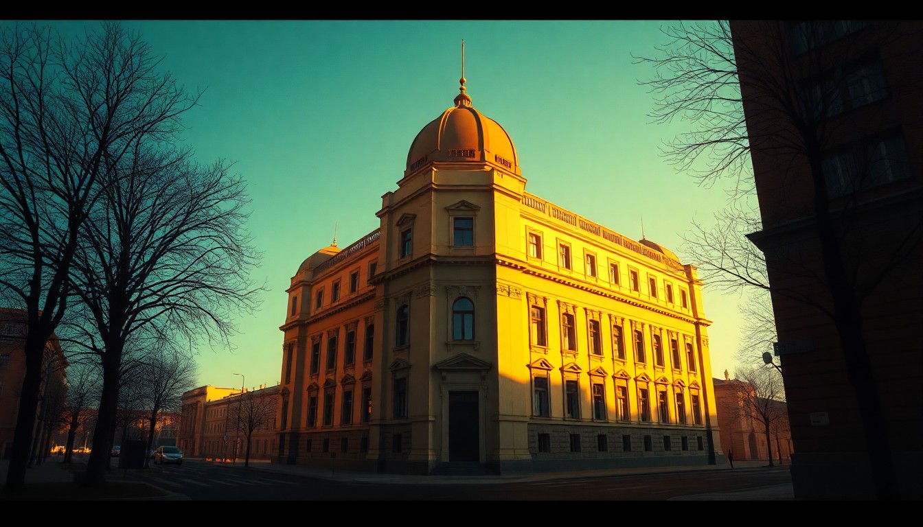 A serene, cinematic painting of a government building in Hungary, with warm sunlight and deep shadows creating a contemplative, nostalgic mood, reflecting the political changes in the country.