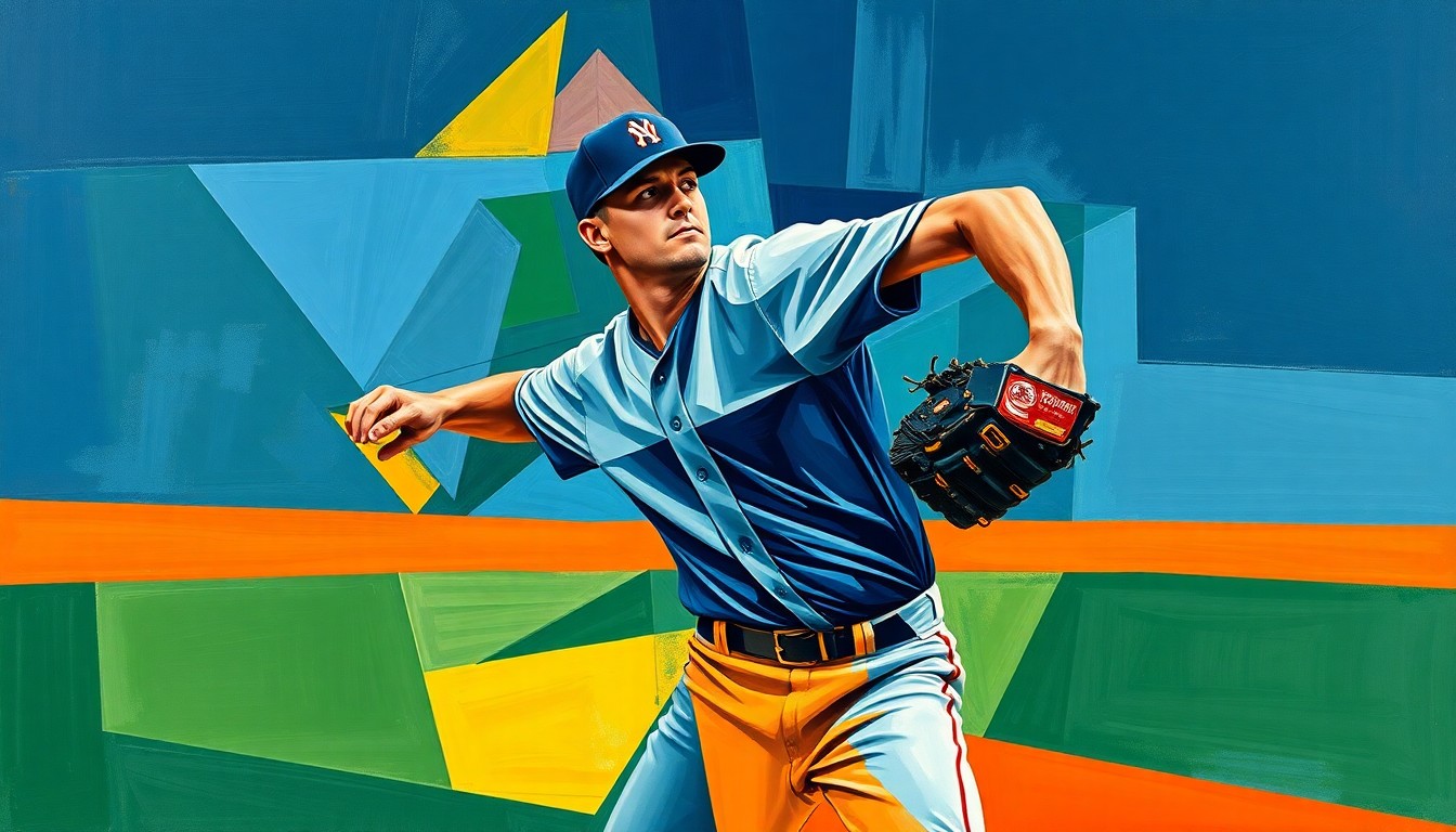 A fractured, multi-perspective painting depicting the explosive motion and energy of a baseball pitcher's delivery, with sharp geometric shapes and planes in vibrant colors.