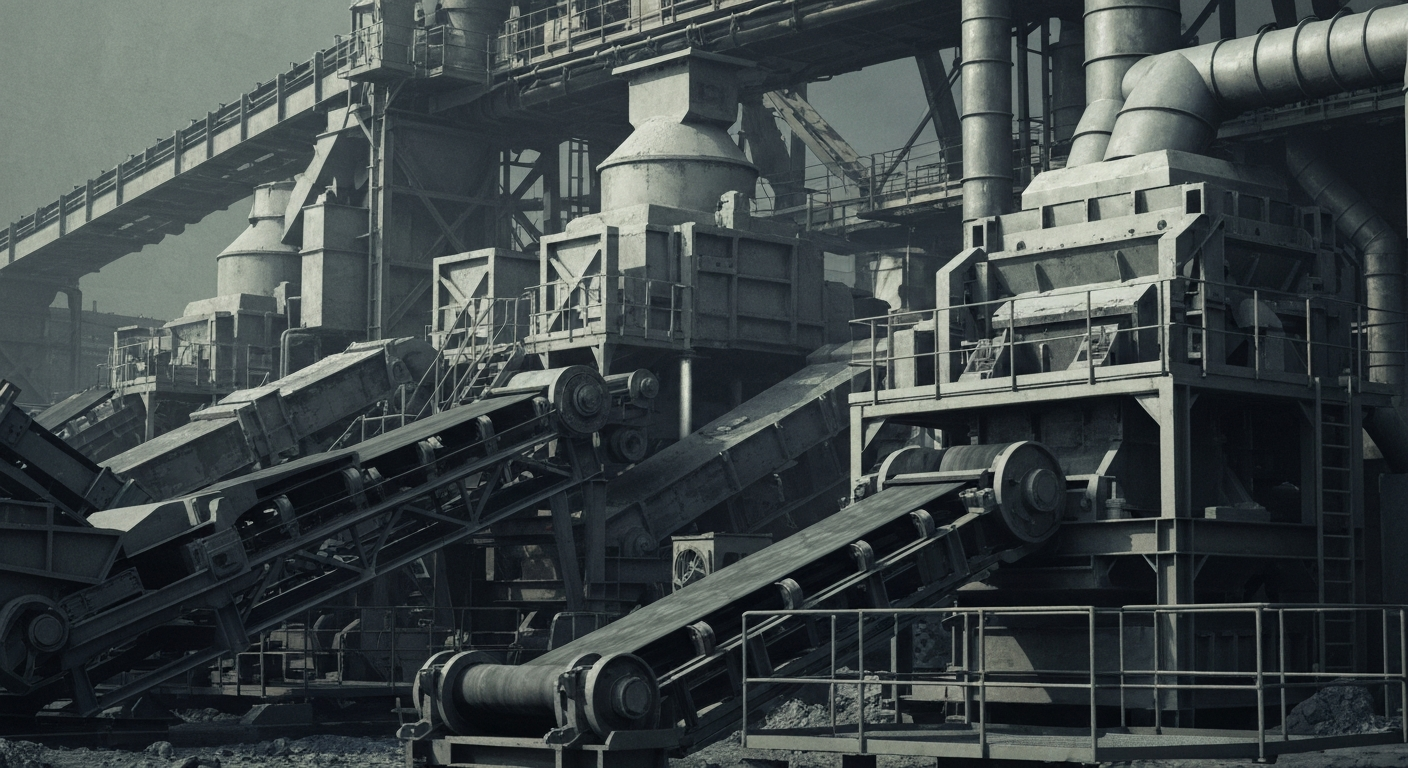 An extreme close-up of massive, industrial gold mining machinery and equipment, including ore crushers, conveyor belts, and smelting furnaces, all rendered in a muted, industrial color palette of greys, blacks, and metallic tones, conceptually representing Newmont's role as a major global gold producer.