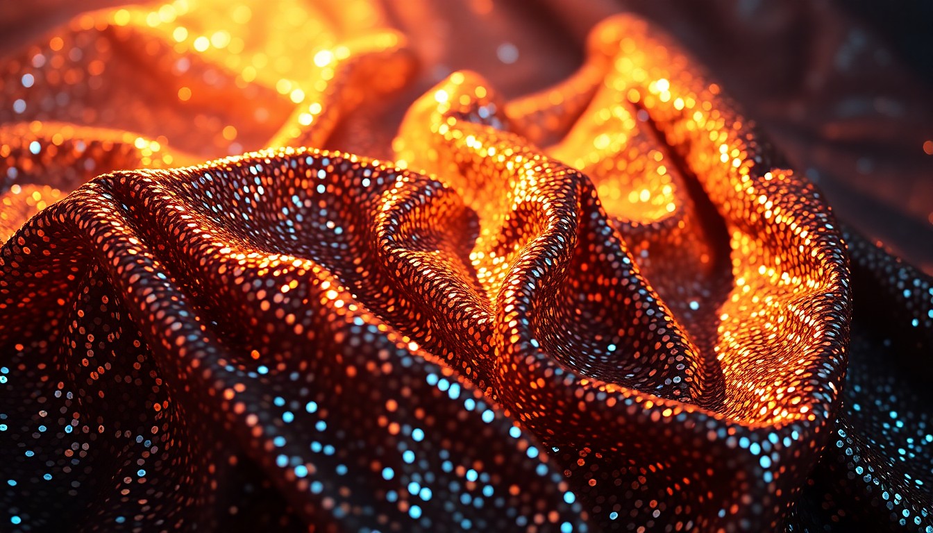 An abstract close-up photograph of a heavily textured, glittering sequin fabric in dramatic high-contrast lighting, conveying the glamour and spectacle of a celebrity event.