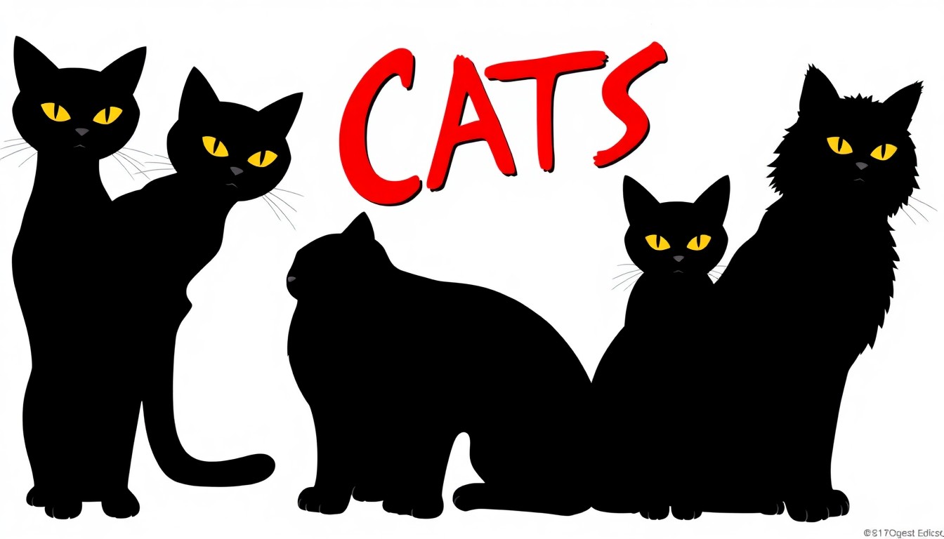 An abstract, minimalist illustration featuring bold, jagged black silhouettes of cats against a vibrant red and white background, capturing the theatrical energy of the 'Cats' musical in a stylized, graphic design.