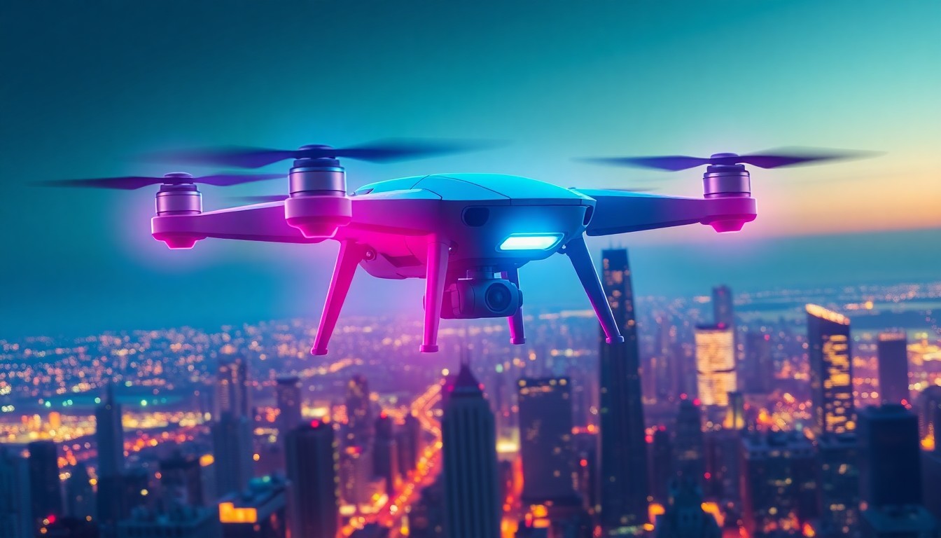 A glowing, futuristic illustration of a drone hovering above a city skyline, with neon cyan and magenta lights illuminating its sleek, angular frame, conceptually representing the technological advancements and financial challenges of adopting new municipal drone technology.