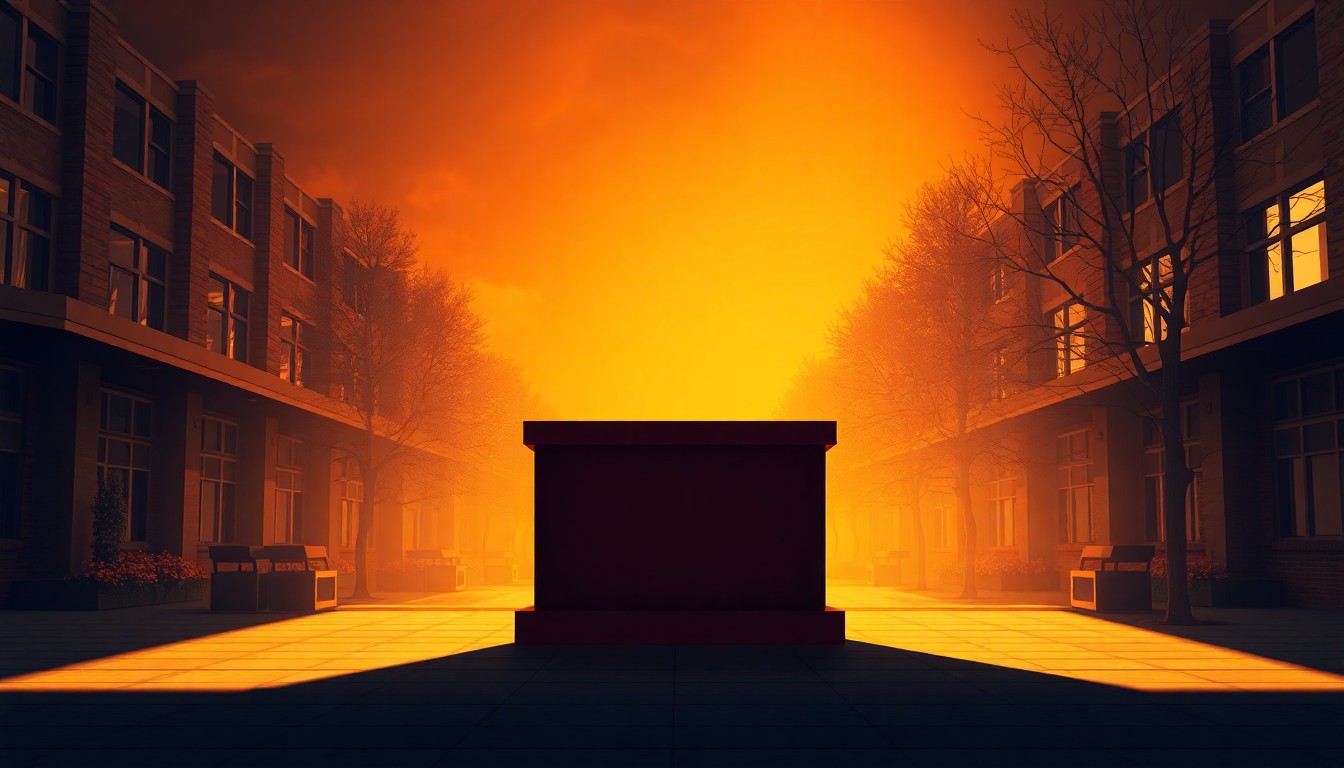 A quiet, cinematic painting of an empty college campus podium, with warm sunlight and deep shadows creating a sense of solitude and contemplation.