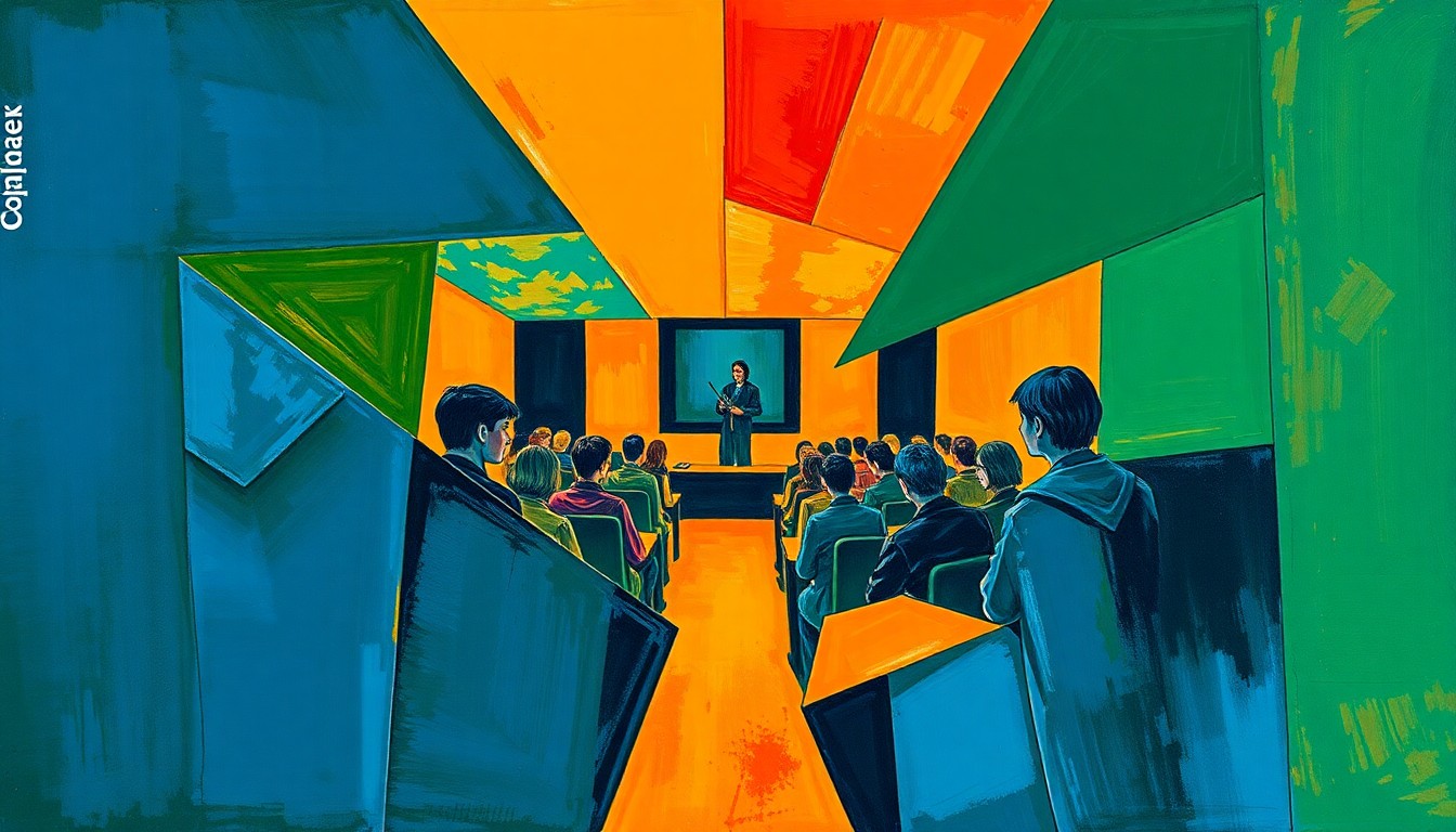 A fragmented, abstract painting depicting a scholar bowl competition, with sharp, overlapping geometric shapes in deep blue, forest green, and burnt orange hues.