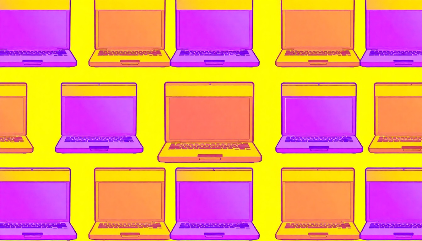 A brightly colored, high-contrast silkscreen print of a laptop computer repeated in a tight grid pattern, utilizing flat, vibrant neon colors and heavy black outlines to represent the use of AI technology in a conceptual, pop art style.