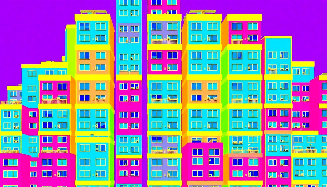 A boldly colored, abstract grid of stylized apartment building icons in neon blue, pink, and yellow, conceptually representing an affordable housing community.