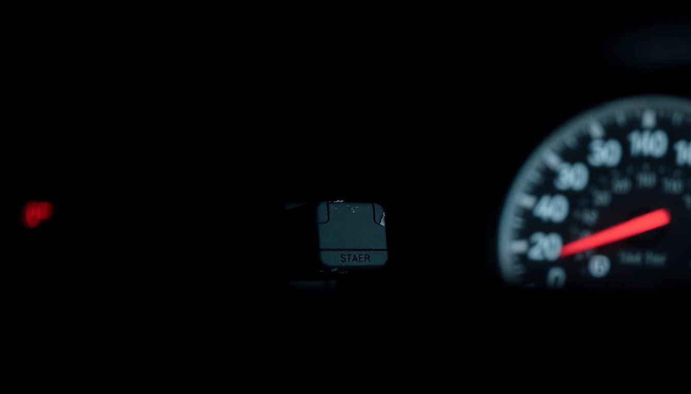 An extreme close-up photograph of a damaged car sensor or dashboard component, lit by a harsh, direct camera flash against a pitch-black background, conveying a stark, gritty, and investigative aesthetic.