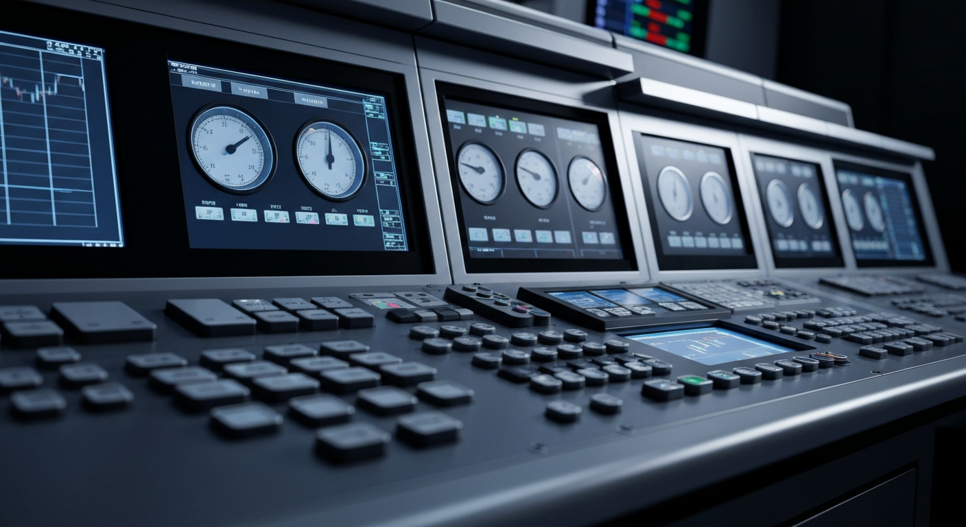 A close-up view of a complex, industrial-looking financial trading console with multiple screens, dials, and buttons, conveying a sense of the technological sophistication and precision behind automated stock trading systems.