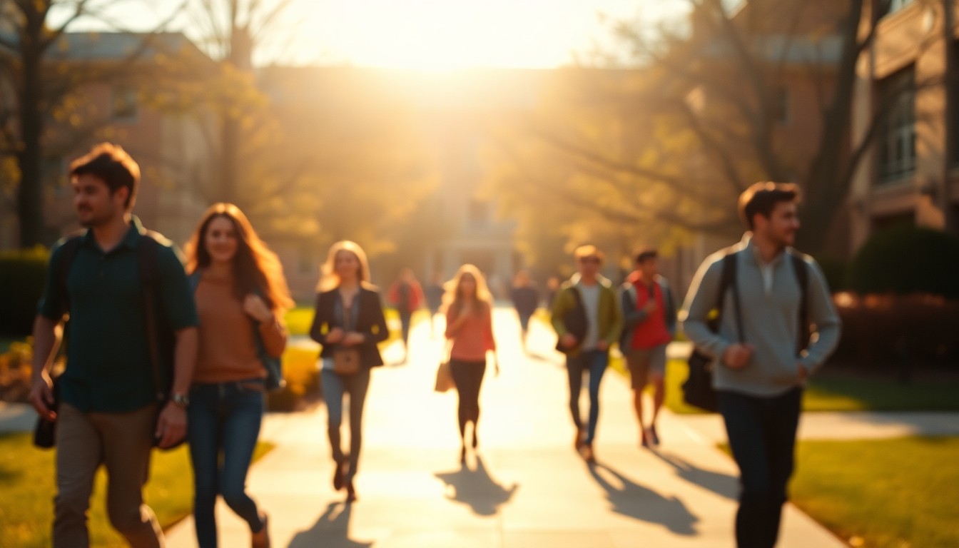 An abstract, impressionistic photograph of students walking on a blurred college campus, with warm, hazy pools of light and color creating a dreamlike, atmospheric scene.