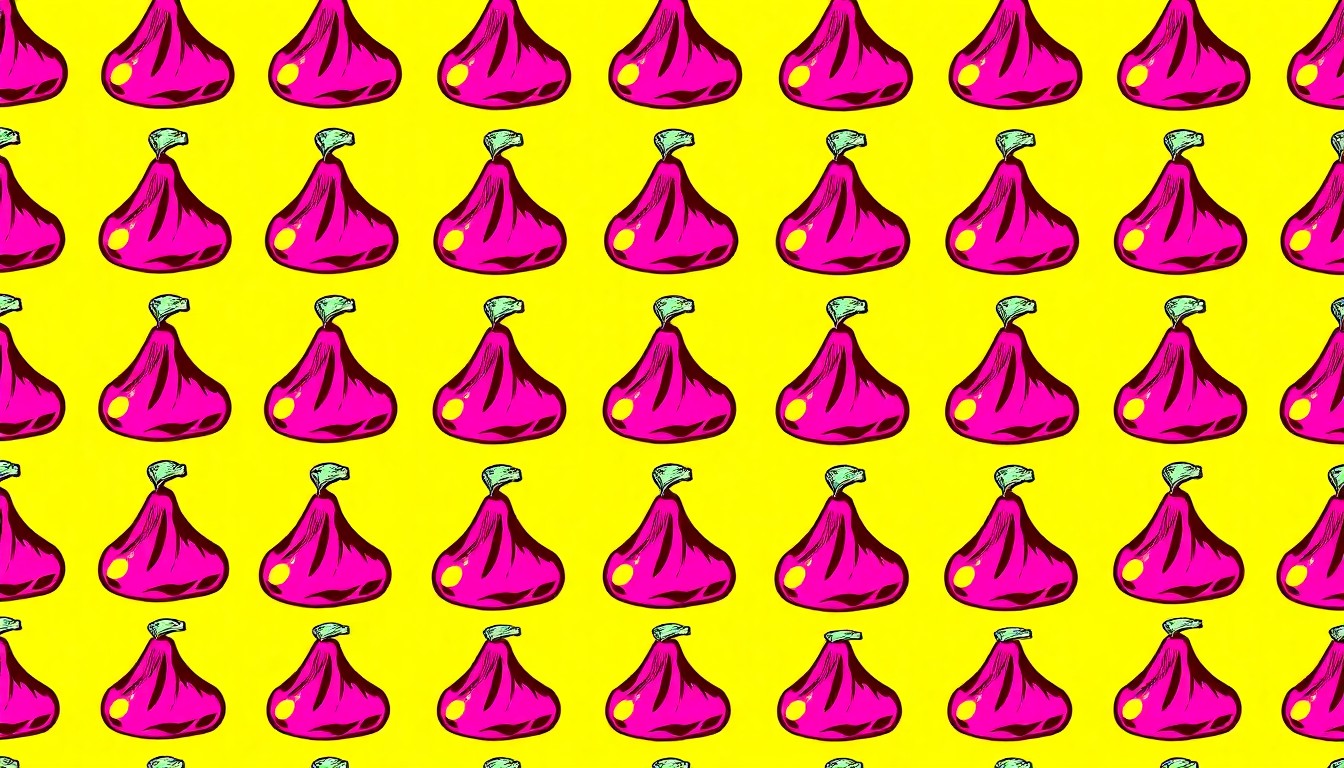 A highly stylized, pop art-inspired illustration featuring a repeating pattern of Hershey's Kiss candies in bright, neon-like colors, conceptually representing the immersive, candy-themed activities at the new Hershey's Chocolate World in Tysons.