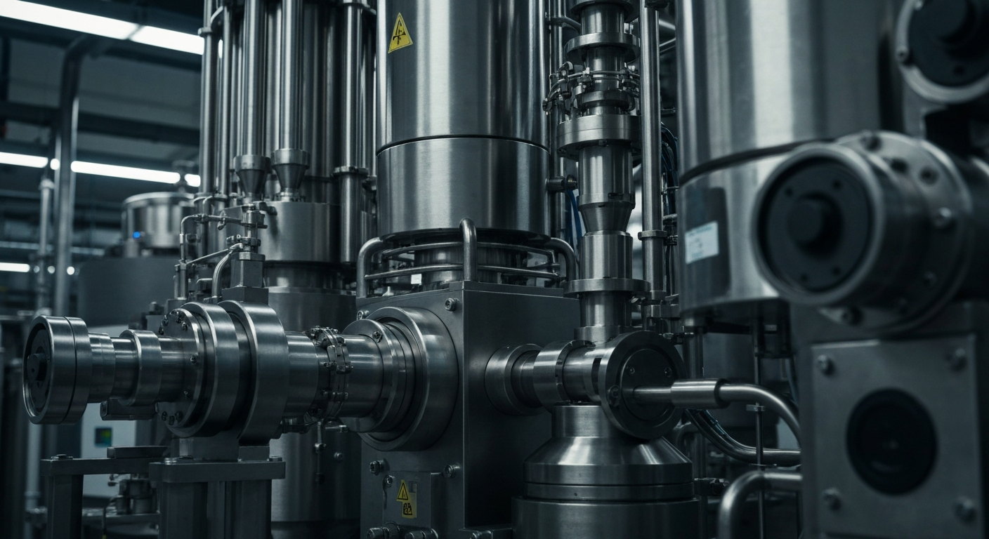 An extreme close-up of intricate, metallic pharmaceutical manufacturing equipment and machinery, conveying the technical complexity and capital-intensive nature of the biotech industry.
