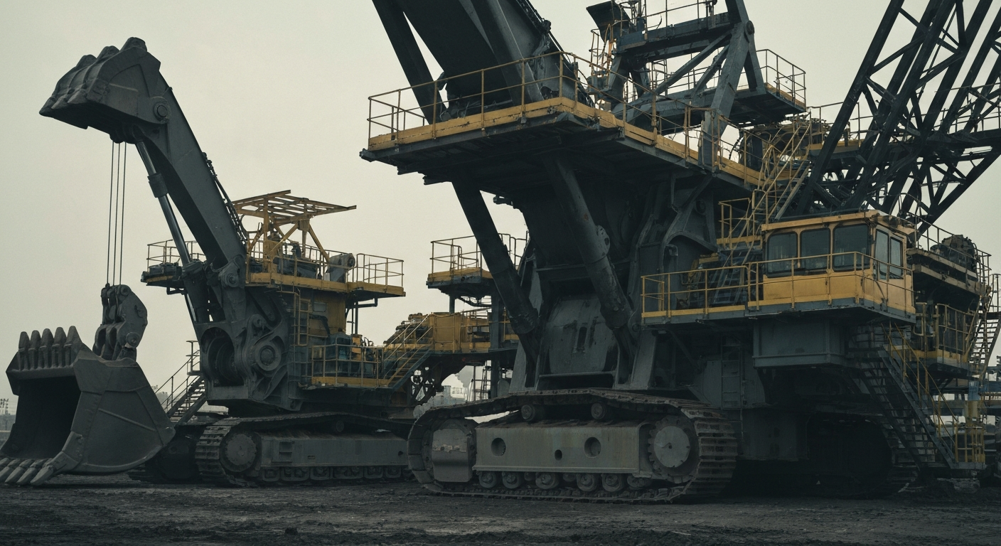 An extreme close-up of rugged, industrial mining equipment and machinery in muted tones, conveying the physical scale and power of the mining industry as a conceptual metaphor for the financial volatility facing the company.