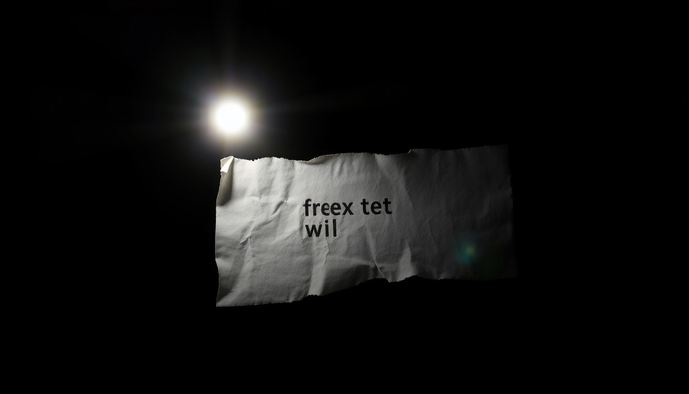 An extreme close-up photograph of a crumpled, ripped piece of paper with a faint text message visible, conveying a sense of gritty, sudden, and investigative tension without depicting any violence or victims.