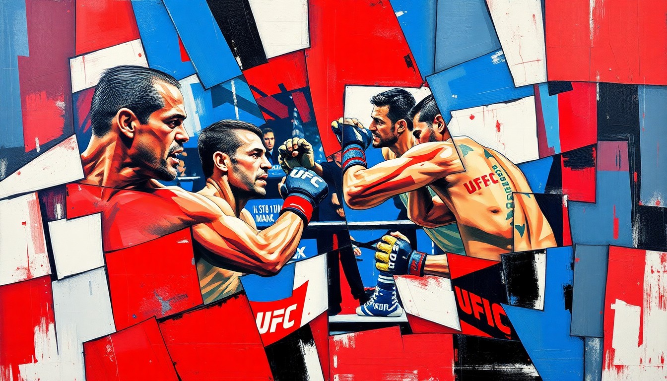 A cubist, geometric painting depicting a UFC fight scene, with sharp, overlapping planes of red, white, and blue colors representing the patriotic theme of the event.
