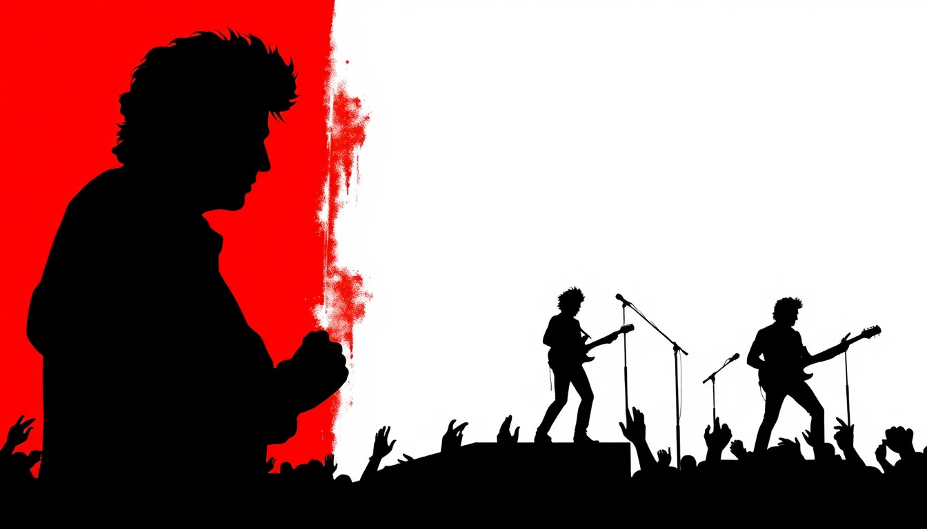 A minimalist, abstract illustration featuring bold black silhouettes and high-contrast solid colors like red and white, conceptually representing the iconic figure of Bob Dylan and the energy of a live music performance.