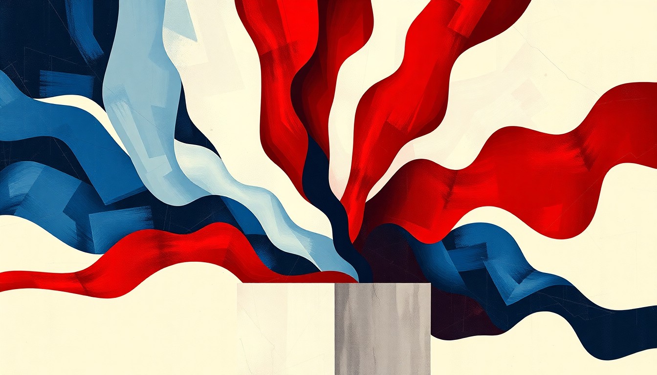 A dynamic, abstract painting featuring overlapping geometric shapes and waves of red, white, and blue colors, conceptually representing the political division and energy surrounding a conservative campus event.