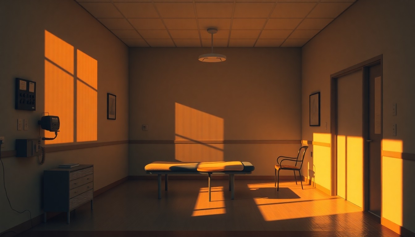 A dimly lit, nostalgic painting of an empty physical therapy clinic room with warm sunlight streaming through the windows, conceptually representing the quiet importance of regulating the field.