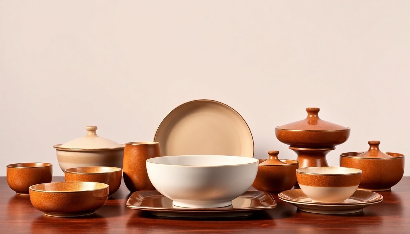 A high-end, photorealistic studio still-life photograph featuring a collection of elegant, polished tableware and serving dishes in warm, earthy tones against a clean, monochromatic background, symbolizing the refined, culinary-focused dining experience at the new PF Chang's restaurant.
