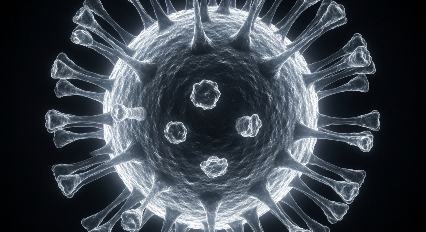A translucent, ghostly X-ray image showing the intricate internal structure of a measles virus particle, its delicate form glowing against a dark background.