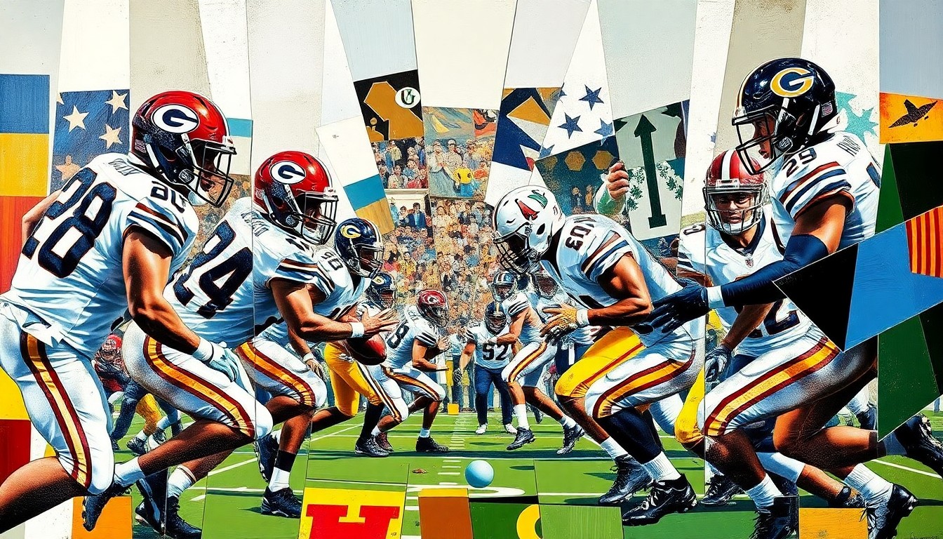 A cubist, geometric painting depicting the chaotic energy of a college football rivalry game, with the players' uniforms and equipment reduced to abstract shapes and colors.