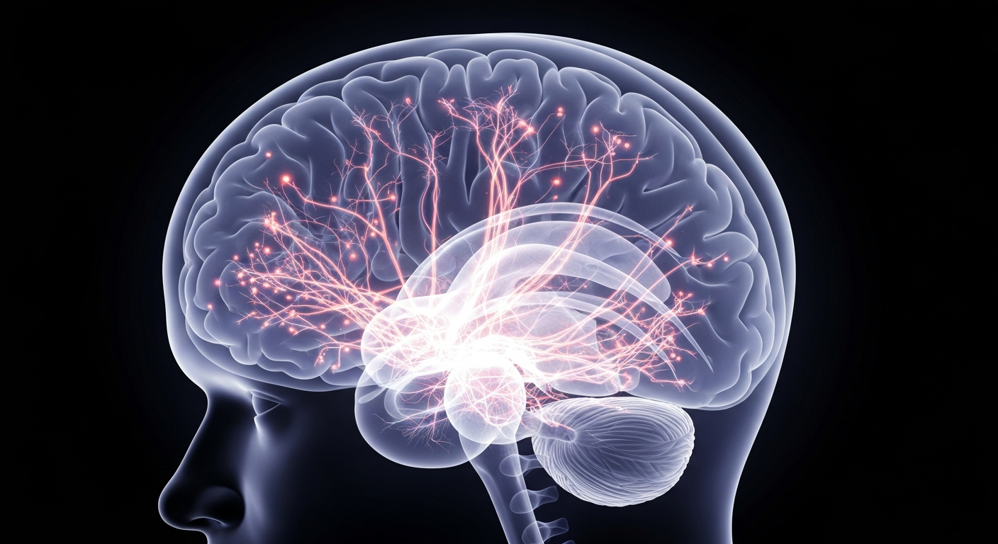 A ghostly, translucent X-ray image of a human brain, with glowing neural pathways and structures, conceptually representing the potential for stem cell therapies to address neurological conditions like autism.